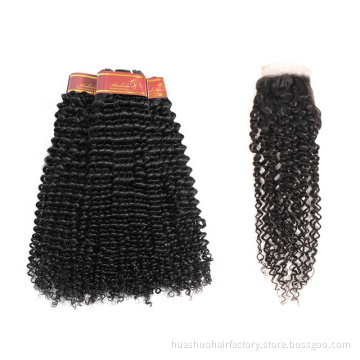 Huashuo Highest Discounts Brazilian Kinky Curly Hair Bundles With Closure100% Virgin Human Hair Extensions Lace Closure